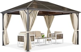 Milos tuinhuisje 3x4m met klamboe en crèmekleurige gordijnen Tuinpunt