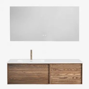 Conjunto Vaniteit Hangend 140x50 Cm In Hout Met Geïntegreerde Wastafel Solea Ash Brown & Geborsteld Goud ↑20 Cm Met Overloop Aftapventiel Orveta & Rec