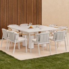 Set Van Een Vierkante Tafel Van 150x150 Cm Van Lissaboncement En 8 Yervin-tuinstoelen Van Aluminium En Boucléstof. Bouclé Natuurlijke Kleuren - Sklum