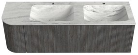 Mondiaz Kurve-dlux 145cm badmeubel ronding links shadow met 1 lade en deur en wastafel leaf dubbel/rechts 2 kraangaten opalo