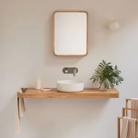 Conjunto Van Meubel 130x45 Cm Hangend In Teakhout Neill Teakhout & Rond Keramiek Wit Ø40 Cm Lenka & Geborsteld Grijs Ingebed Met Aftapkraan Zonder Ove