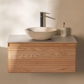 Tedrik Badkamermeubelset In Essenhout Ash Brown & Rond Cement Wit Ø40 Cm Zavion & Spiegelloze & Zwart ↑30 Cm Met Aftapkraan Zonder Overloop - Sklum