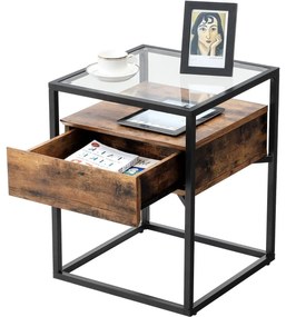 Nancy's Pullman Bijzettafel Met Glasplaat - Nachtkastje met Lade - Nachtkastjes - Industrieel - 43 x 43 x 54 cm