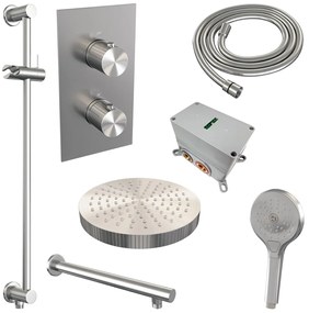 Brauer Stripe inbouw regendouche met 25cm hoofddouche, met rechte muurarm, glijstang en 3 standen handdouche set 22 RVS geborsteld PVD