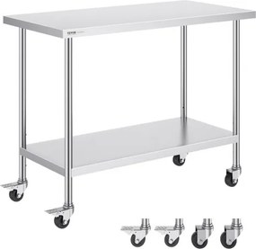 VEVOR RVS werktafel, verrijdbare keukentafel, 3 verstelbare hoogtes, robuuste voedselbereidingstafel voor commerciële keukens en restaurants 610 x 1219 x 954,6 mm