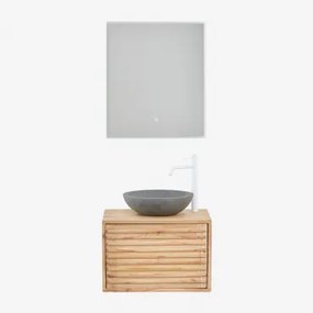 Deleyna Wandgemonteerde Houten Badkamermeubelset Natuurlijk Hout & Rond Grijs Cement Ø40 Cm Tarsis & Rechthoekige Led En Anticondens 60x70 Cm - Sklum