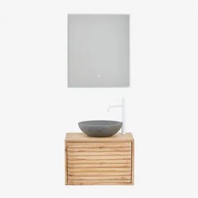 Hangend Badkamermeubelset 60x45 Cm In Hout Deleyna Natuurlijk Hout & Rond Grijs Cement Ø40 Cm Tarsis & Rechthoekige Led En Anticondens 60x70 Cm Riben
