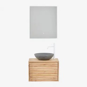 Hangend Badkamermeubelset 60x45 Cm In Hout Deleyna Natuurlijk Hout & Rond Grijs Cement Ø40 Cm Tarsis & Rechthoekige Led En Anticondens 60x70 Cm -