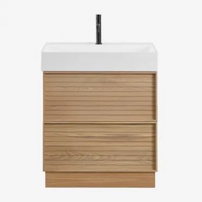 Jolene Houten Badkamermeubelset Met Geïntegreerde Wastafel Natuurlijk Hout & Spiegelloze & Zwart ↑20 Cm Met Aftapkraan Zonder Overloop Orveta - Sklum