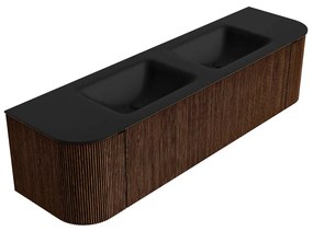 Mondiaz Kurve 170cm badmeubel ronding links/rechts walnut met 1 lade en 2 deuren en wastafel cloud dubbel zonder kraangat urban