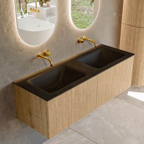 Mondiaz Kurve 130cm badmeubel oak met 2 lades en wastafel cloud dubbel zonder kraangat urban