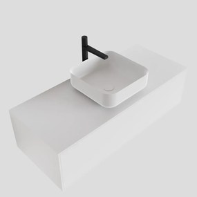 Zaro Lagom volledig naadloos solid surface onderkast met topblad 110cm mat wit met 1 lades Push tot open. Compleet met solid surface opzetkom met 1 kraangat(en)