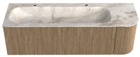 Mondiaz Kurve-dlux 145cm badmeubel ronding rechts dusk met 1 lade en deur en wastafel big large links 2 kraangaten frappe