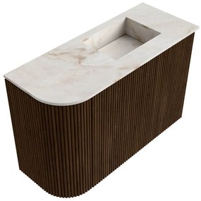 Mondiaz Joya DLux 60cm toiletmeubel ronding links walnut met wastafel faye rechts zonder kraangat frappe