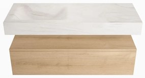 Mondiaz Alan DLux badmeubel 120cm washed oak 1 lade met wastafel ostra links 1 kraangat