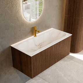 Mondiaz Kurve-dlux 100cm badmeubel walnut met 1 lade en wastafel big medium midden 1 kraangat frappe