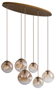 Eettafel / Eetkamer Art Deco hanglamp messing met ovale plafondplaat en amber glas 6-lichts - Douglass Art Deco E27 bol / globe / rond Binnenverlichting Lamp