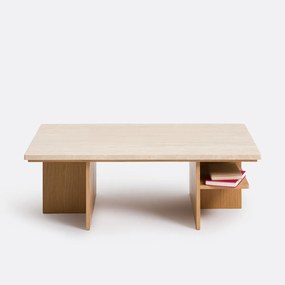 Salontafel XL, travertin en eikenfineer, 120 cm breed, CALISTE