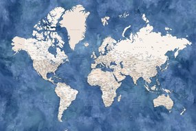 Kaart Blue and beige watercolor detailed world map, Blursbyai, (40 x 26.7 cm)