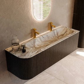 Mondiaz Kurve-dlux 145cm badmeubel ronding links shadow met 1 lade en deur en wastafel big large rechts 2 kraangaten glace