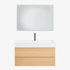 Badkamermeubelset Van Hout En Essenhoutfineer Met Geïntegreerde Wastafel Ona Natuurlijk Hout & Rechthoekige Led En Anticondens 100x70 Cm Tamsin -