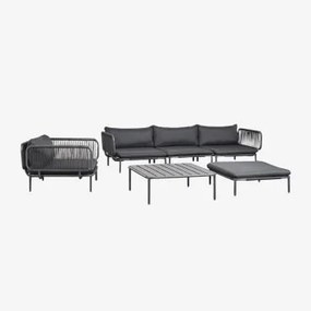 3-delige Modulaire Tuinbank Met 2 Hoekfauteuils, Poef, Fauteuil En Roubly Salontafel Grijs – Grafiet - Sklum