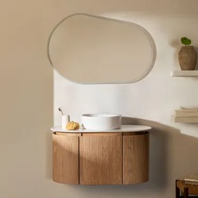 Carsone Houten Badkamermeubelset Natuurlijk Hout & Zonder Extra Eenheid & Rond Keramiek Wit Ø40 Cm Lenka & Ovaal Led En Anticondens 100x80 Cm - Sklum
