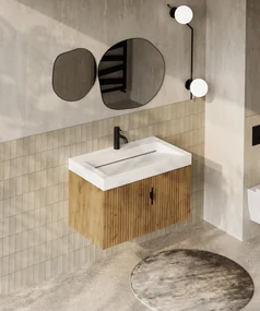 Muebles Calas badmeubel ribbelfront 80cm warm eiken met solid surface wastafel met kraangat