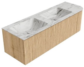 Mondiaz Kurve-dlux 145cm badmeubel ronding rechts oak met 1 lade en deur en wastafel leaf dubbel/links zonder kraangat glace