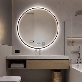 Saniclear Circle Black ronde spiegel met verwarming, direct en indirect licht mat zwart 100cm