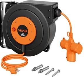 VEVOR Kabelhaspel 15 m 3000 W Automatische Kabeloproller 16 AWG/3-aderig, voor plafond-/wandmontage, 3 stopcontacten, oververhittingsbeveiliging tot 56 °C, verlicht drievoudig stopcontact, met 180° draaibare beugel