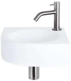 Differnz Cleo fonteinset - 30x30x10cm - Kwartrond - 1 kraangat - Gebogen matte chromen kraan - Keramiek Wit 38.401.10
