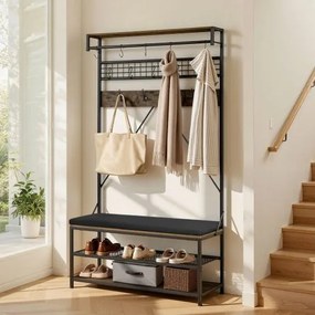 VEVOR halgarderobe 1015 x 400 x 1830 mm, kapstok met schoenenbankje en schoenenplank (2 niveaus), vrijstaande garderobe met metalen rooster en kledingstang, ideaal voor de hal of slaapkamer.