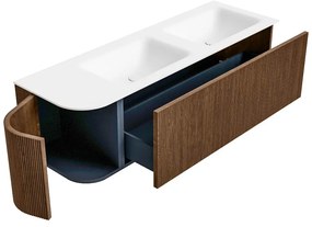 Mondiaz Kurve 145cm badmeubel ronding links walnut met 1 lade en deur en wastafel cloud dubbel/rechts 2 kraangaten