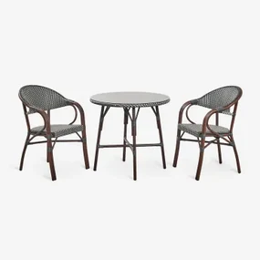 Brielle Bistro Ronde Tafelset, Ø80 Cm, En Twee Stapelbare Eetkamerstoelen Met Armleuningen Van Aluminium. Grijs – Grafiet - Gardenia Wit - Sklum