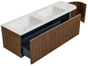 Mondiaz Kurve-dlux 145cm badmeubel ronding rechts walnut met 1 lade en deur en wastafel leaf dubbel/links zonder kraangat ostra