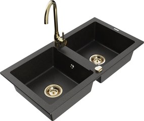 Mexen Mario granitische 2-komoren spoelbak met keukenmengkraan Telma, zwart/goud - 6504-75-670200-50