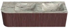 Mondiaz Kurve-dlux 145cm badmeubel ronding links ruby met 1 lade en deur en wastafel leaf dubbel/rechts zonder kraangat glace