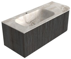 Mondiaz Kurve-dlux 115cm badmeubel ronding rechts shadow met 1 lade en deur en wastafel big small kraangat links frappe