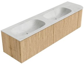 Mondiaz Kurve-dlux 175cm badmeubel ronding rechts oak met 2 lades en 1 deur en wastafel stor small dubbel/links zonder kraangat opalo