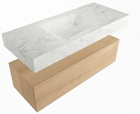 Mondiaz Alan DLux badmeubel 110cm washed oak 1 lade met wastafel opalo midden zonder kraangat