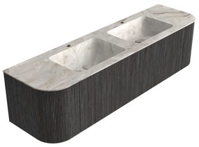 Mondiaz Kurve-dlux 170cm badmeubel ronding links/rechts shadow met 1 lade en 2 deuren en wastafel leaf dubbel 2 kraangaten frappe