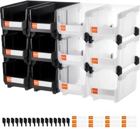 VEVOR stapeldozen, 377 x 215 x 180 mm (12-pack), transparante opbergdozen, stapelbare opbergdoos voor het organiseren en opbergen van kleine onderdelen, kantoorbenodigdheden en andere accessoires, zwart en transparant
