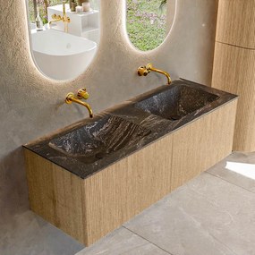 Mondiaz Kurve-dlux 130cm badmeubel oak met 2 lades en wastafel leaf dubbel zonder kraangat lava