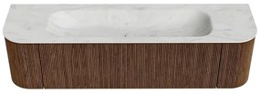 Mondiaz Kurve-dlux 170cm badmeubel ronding links/rechts walnut met 1 lade en 2 deuren en wastafel big large midden zonder kraangat opalo