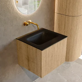 Mondiaz Kurve 50cm badmeubel oak met 1 lade en wastafel grunne midden zonder kraangat urban