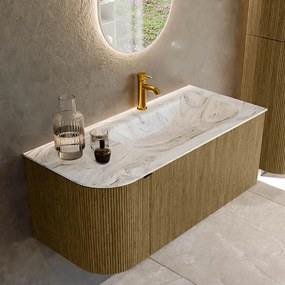 Mondiaz Kurve-dlux 105cm badmeubel ronding links dusk met 1 lade en deur en wastafel big small kraangat rechts glace