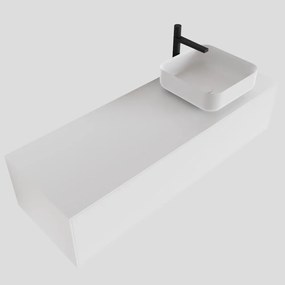 Zaro Lagom volledig naadloos solid surface onderkast met topblad 130cm mat wit met 1 lades Push tot open. Compleet met solid surface opzetkom met 1 kraangat(en)