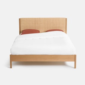 Bed met lattenbodem, eikenhout, eikenfineer en gevlochten rotan, ORA