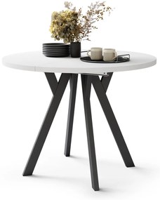 ALDO 100 Wit Mat/Zwarte poten - RONDE LOFT/INDUSTRIËLE TAFEL VOOR WOONKAMER/EETKAMER, UITSCHUIFBAAR